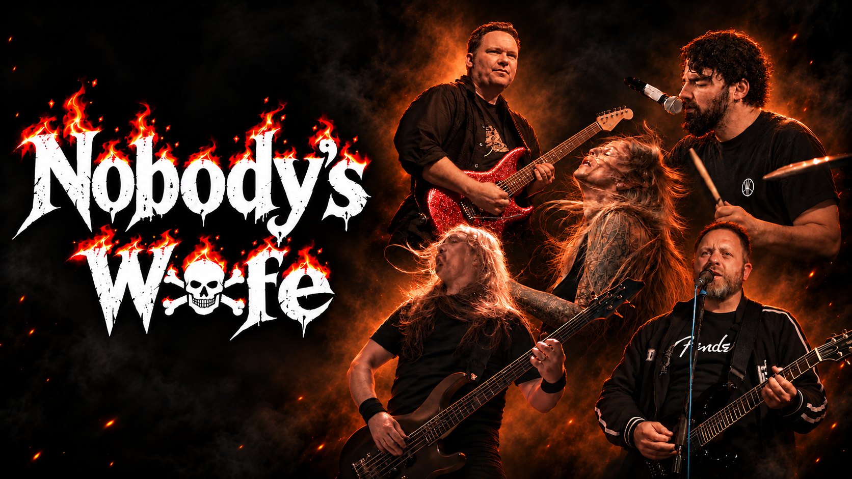 Nobody's Wife: Logo und die fünf Bandmitglieder vor Flammen