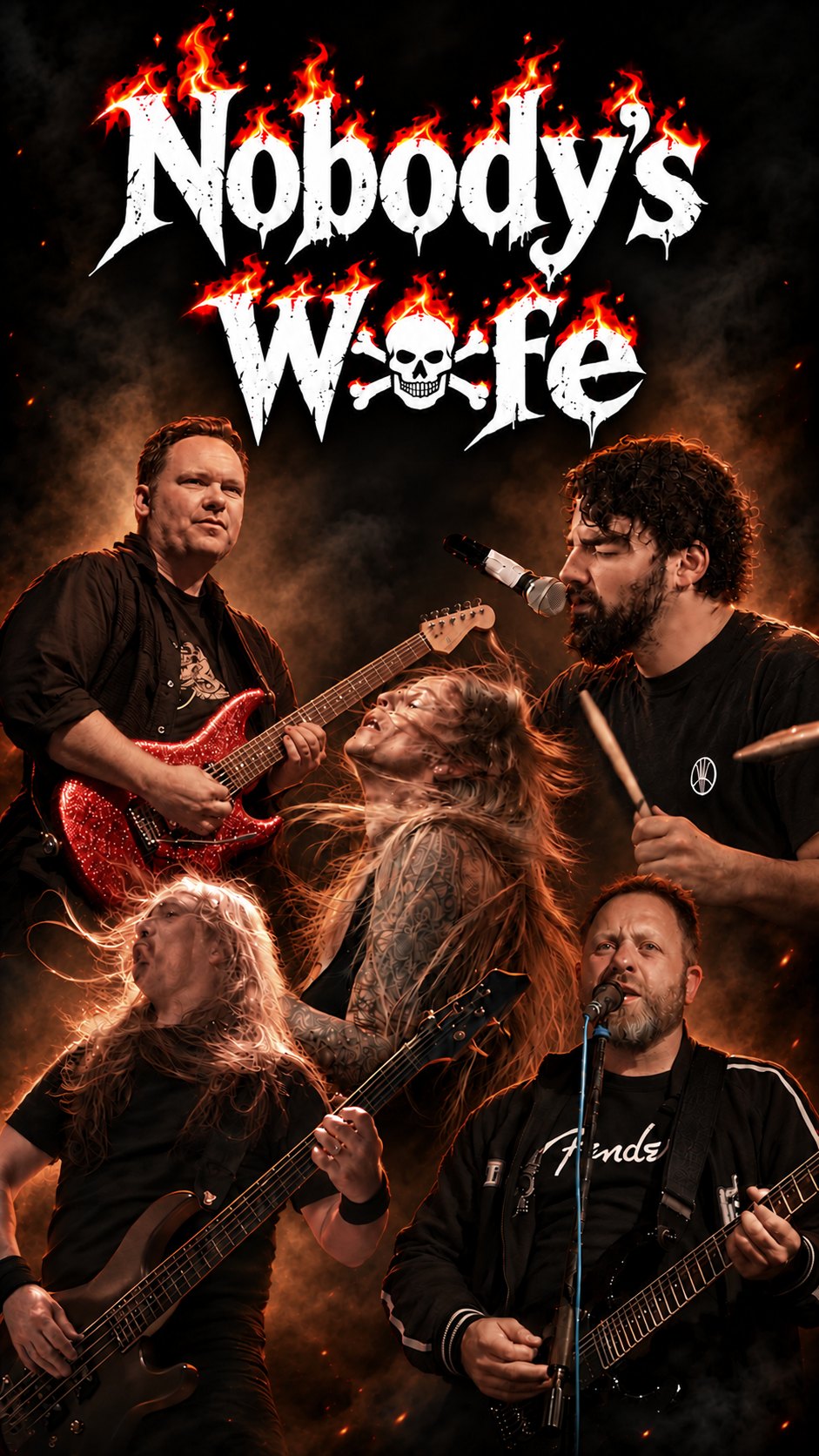 Nobody's Wife: Logo und die fünf Bandmitglieder vor Flammen